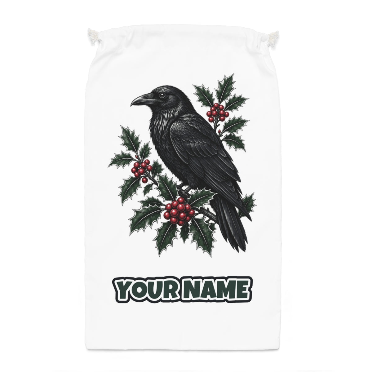 Raven on Holly Branch Santa sack laid flat, showing the full print