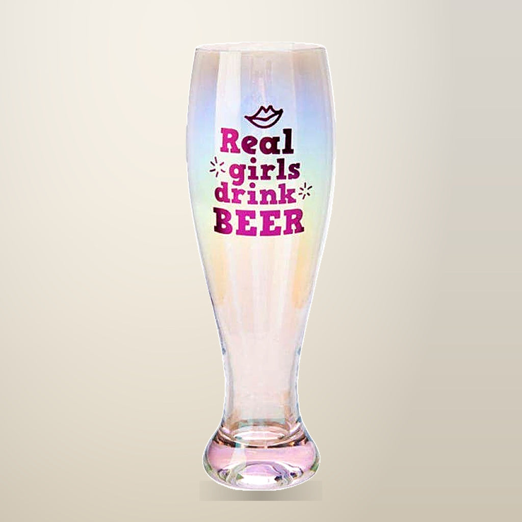 MDI Real Girls Drink Beer Pilsner Glass, on a plain cream background