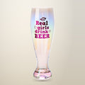 MDI Real Girls Drink Beer Pilsner Glass, on a plain cream background