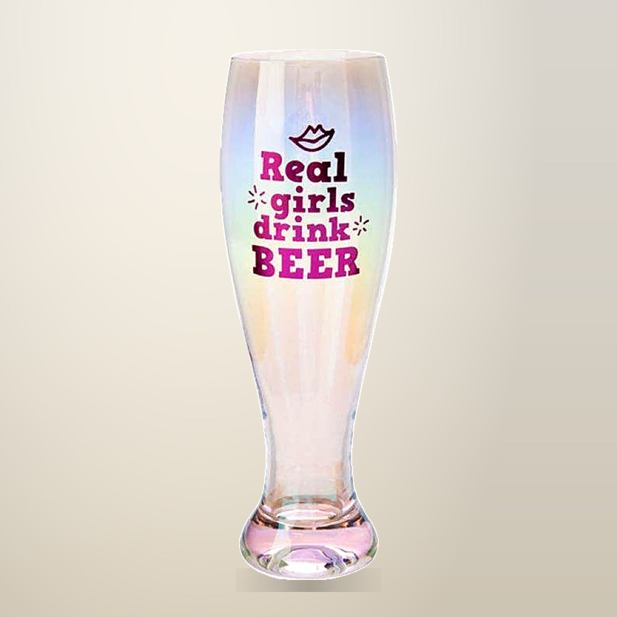 MDI Real Girls Drink Beer Pilsner Glass, on a plain cream background