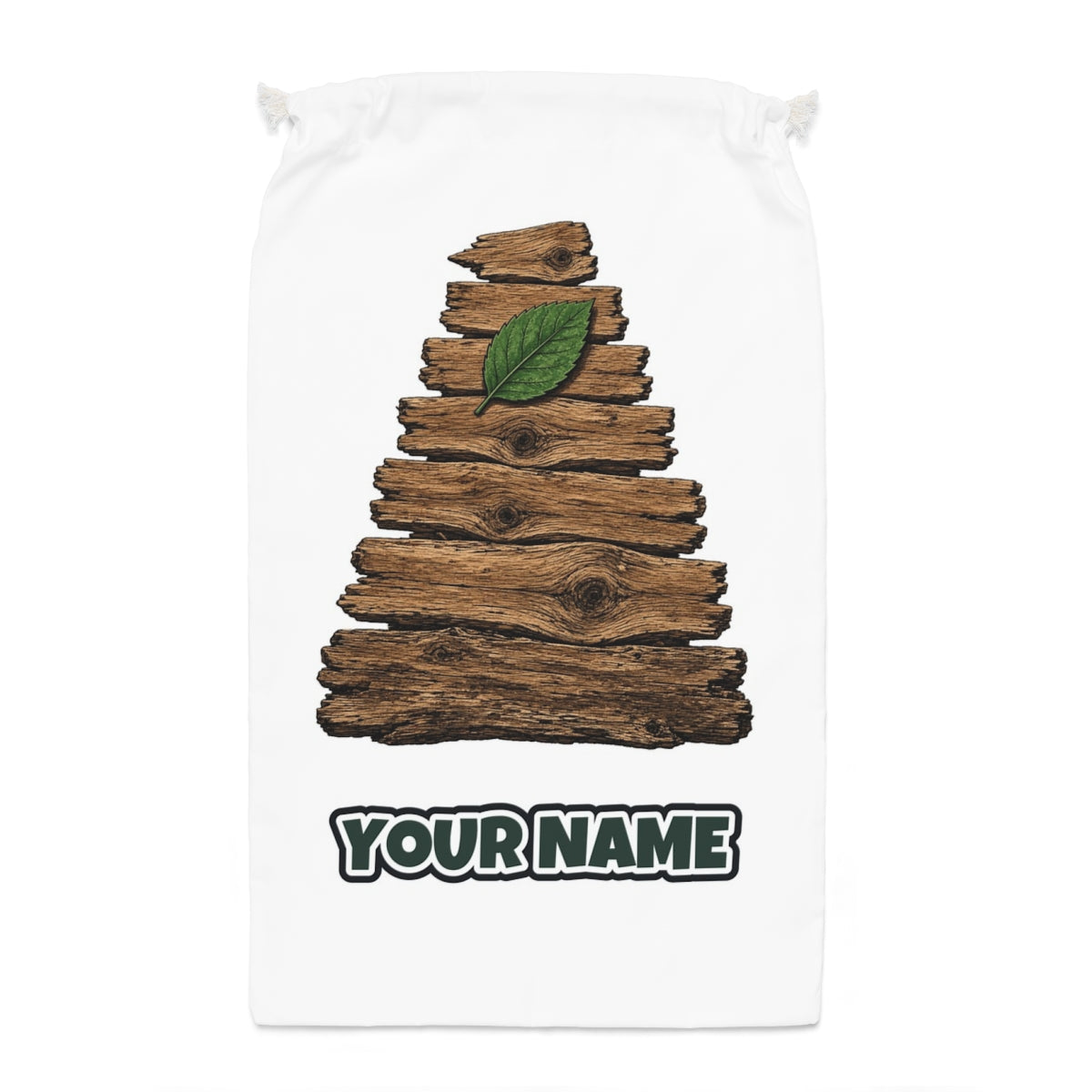 Reclaimed Timber Christmas Tree Santa sack laid flat, showing the full print