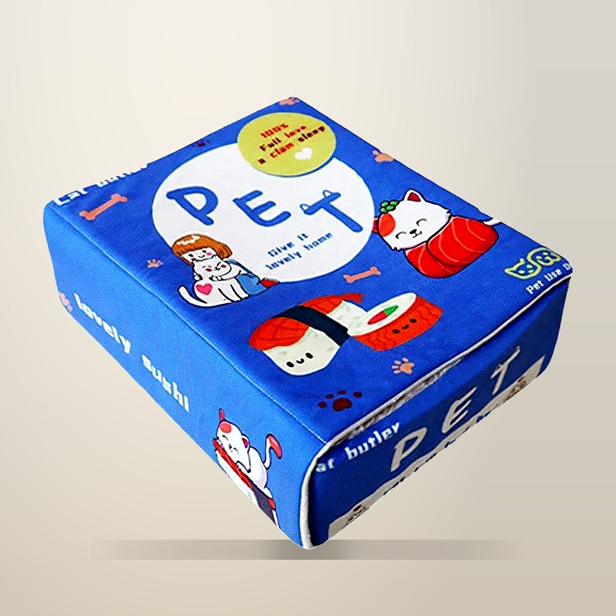 Aimall Cookie Box Pet Bed, Rectangular, Red or Blue, on a plain cream background