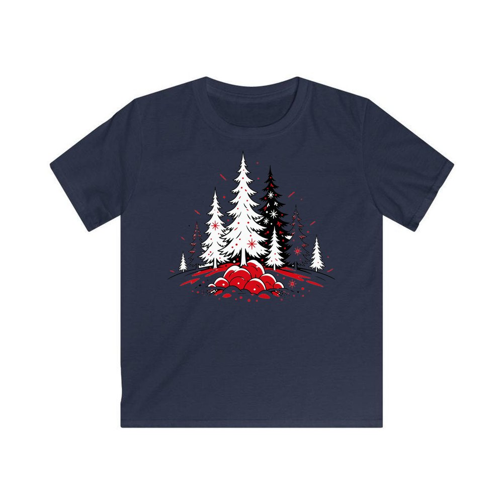 Red And Black Pine Forest personalised kids Christmas tee in navy