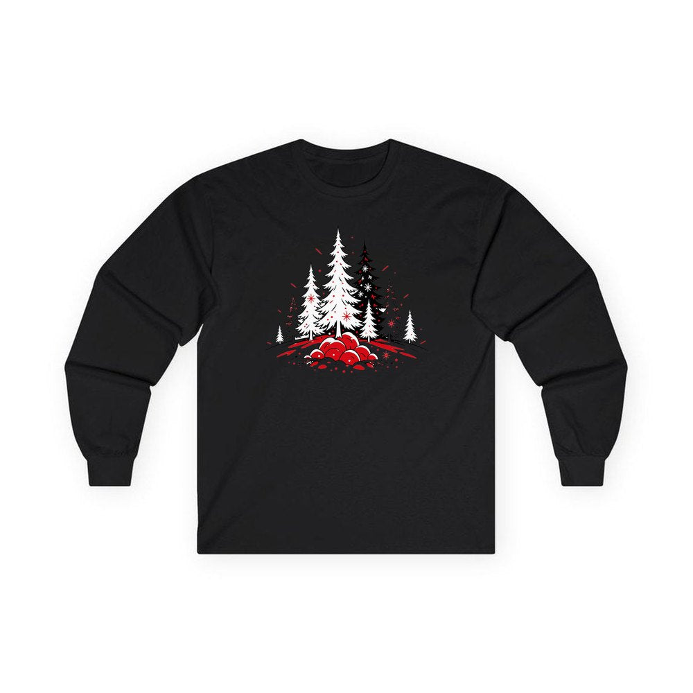 Red And Black Pine Forest personalised long sleeve Christmas T-shirt in black