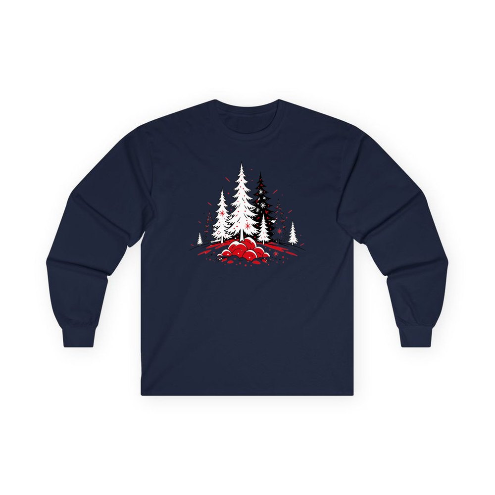Red And Black Pine Forest personalised long sleeve Christmas T-shirt in navy