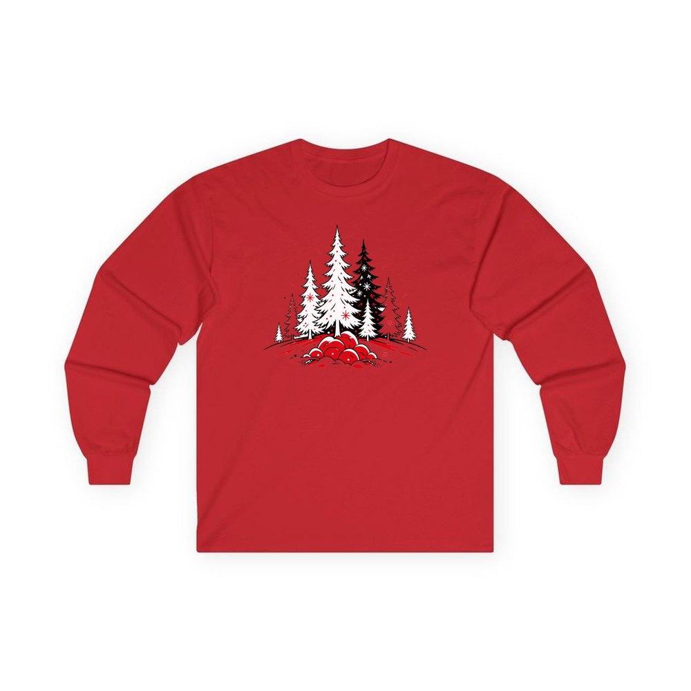 Red And Black Pine Forest personalised long sleeve Christmas T-shirt in red