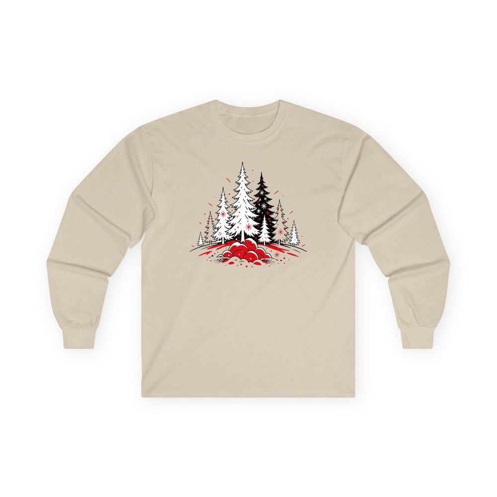 Red And Black Pine Forest personalised long sleeve Christmas T-shirt in sand