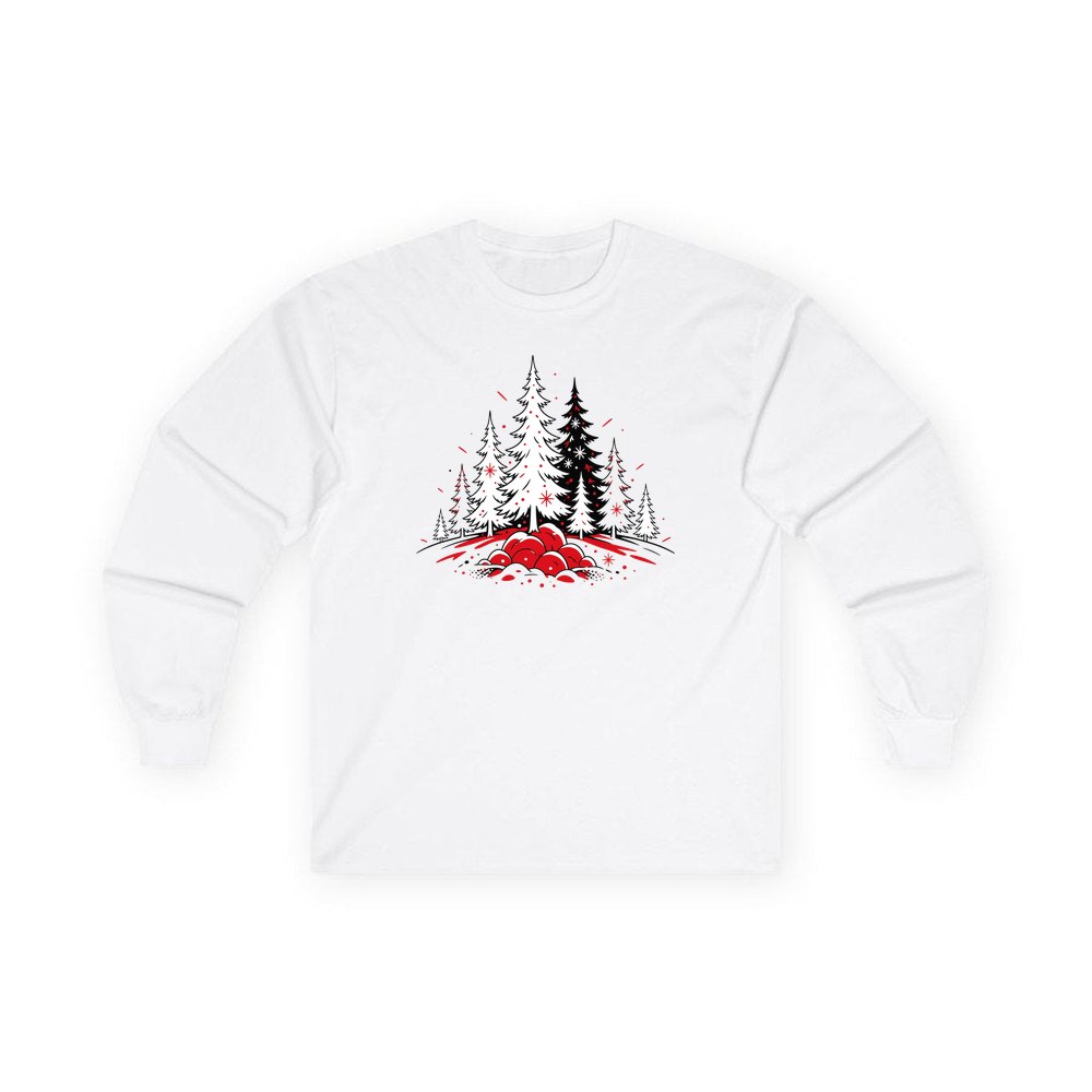 Red And Black Pine Forest personalised long sleeve Christmas T-shirt in white
