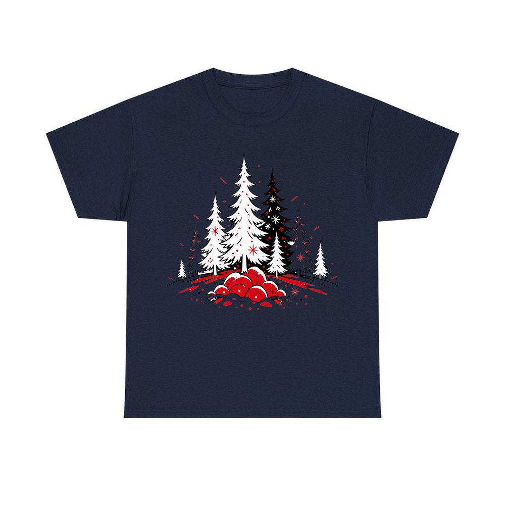Red And Black Pine Forest personalised Christmas T-shirt in navy