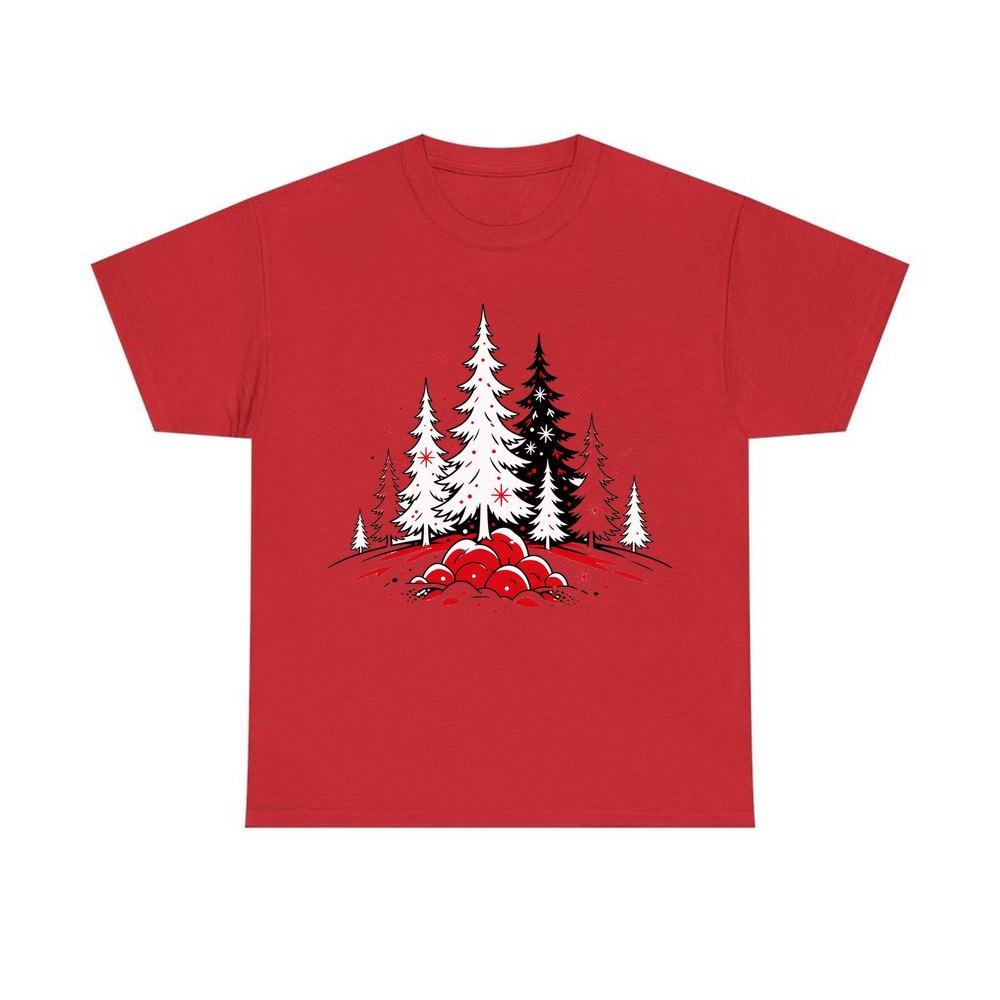 Red And Black Pine Forest personalised Christmas T-shirt in red