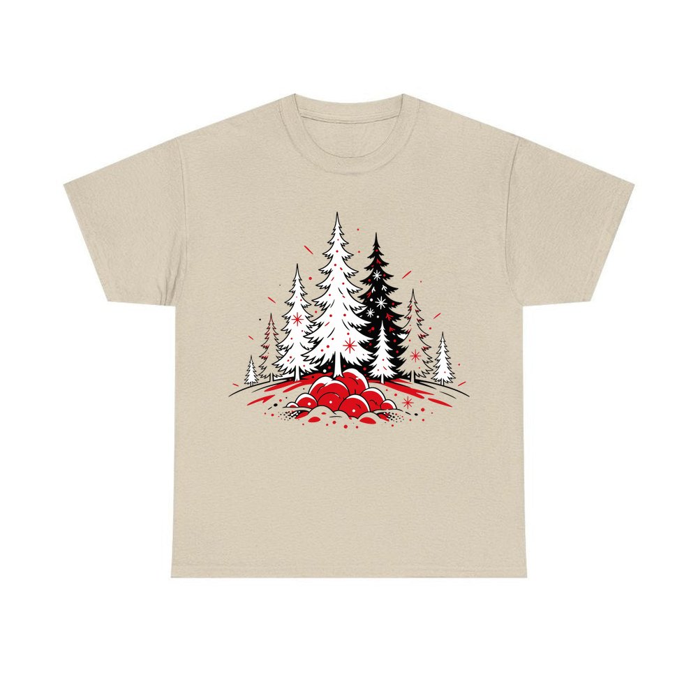 Red And Black Pine Forest personalised Christmas T-shirt in sand