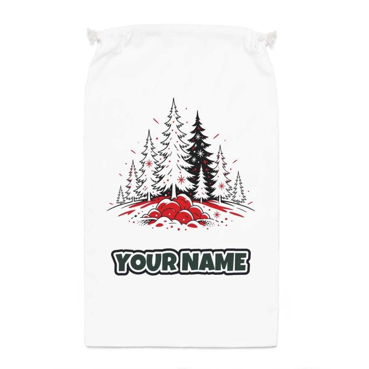 Red And Black Pine Forest Santa sack laid flat, showing the full print