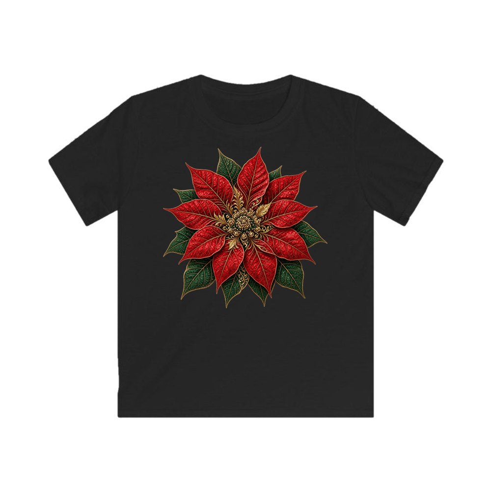 Red And Gold Poinsettia personalised kids Christmas tee in black