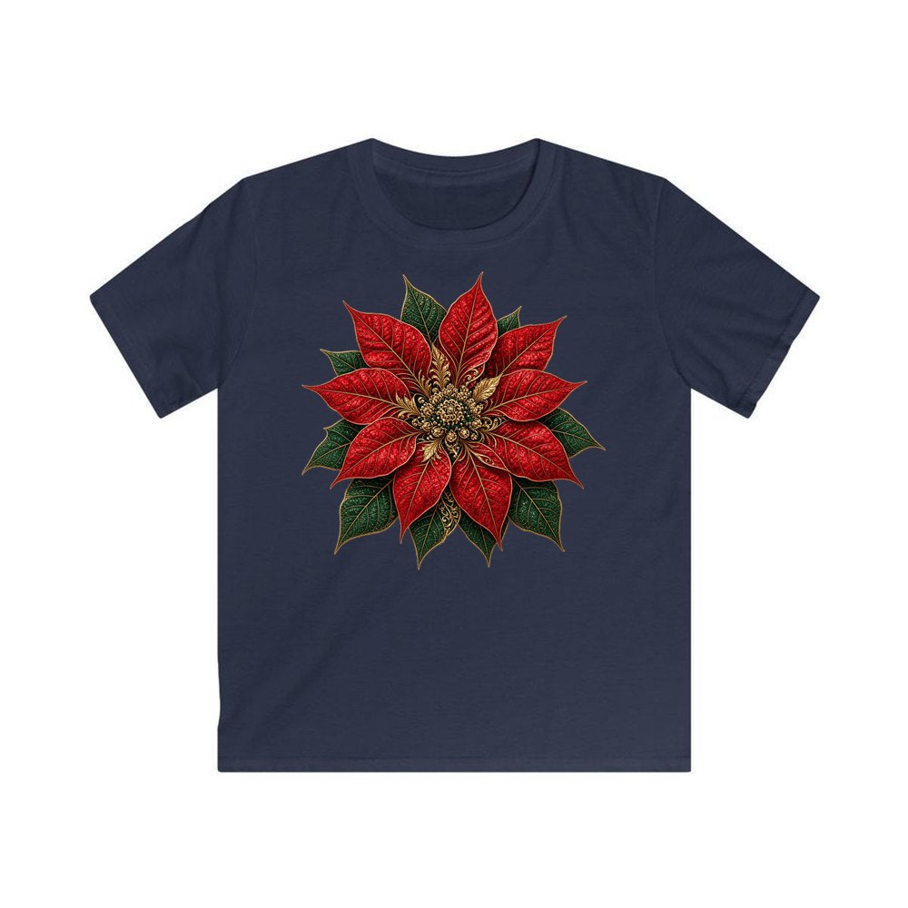 Red And Gold Poinsettia personalised kids Christmas tee in navy