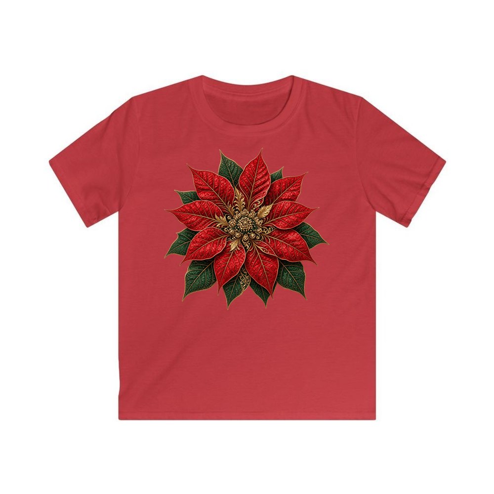 Red And Gold Poinsettia personalised kids Christmas tee in red