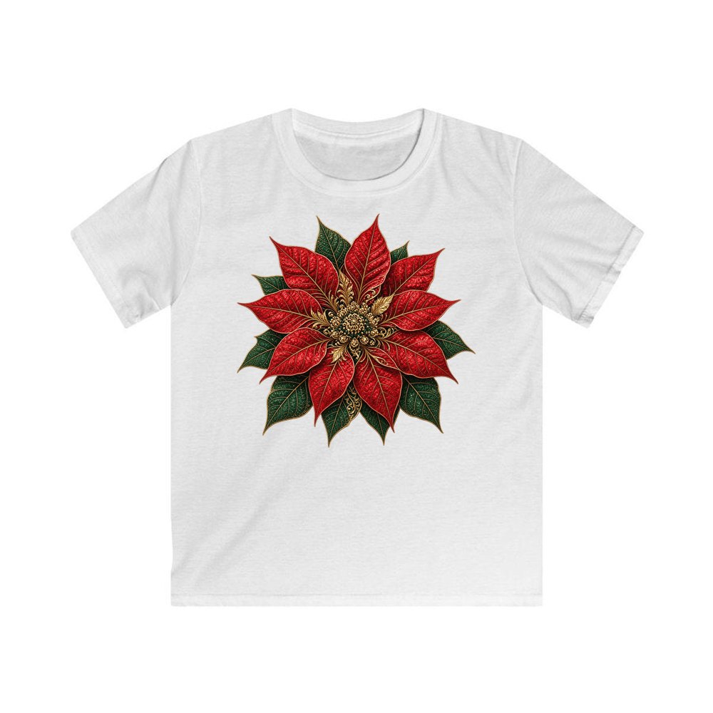 Red And Gold Poinsettia personalised kids Christmas tee in white