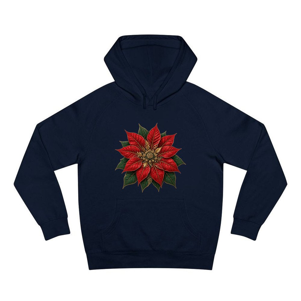 Red And Gold Poinsettia personalised Christmas hoodie in navy