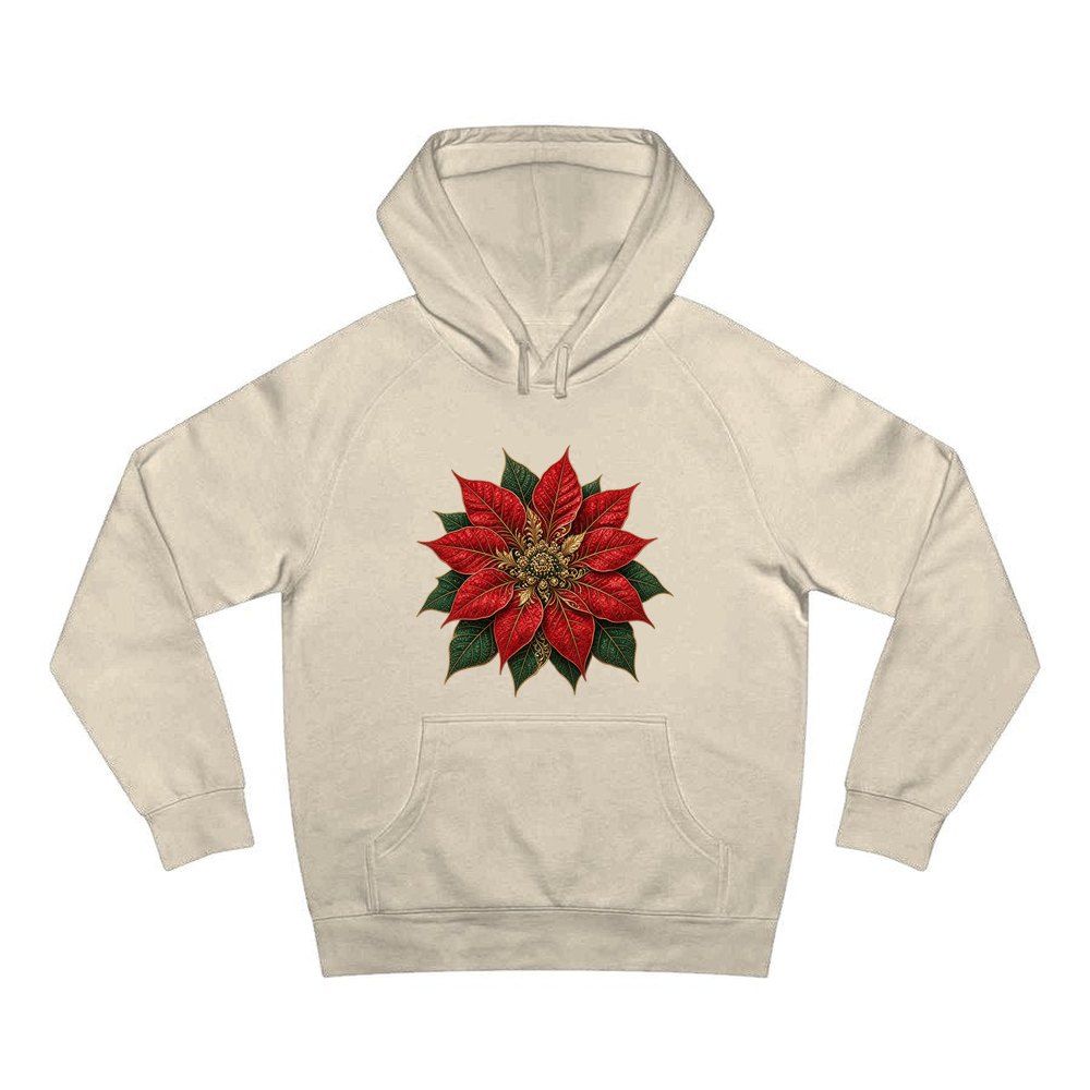 Red And Gold Poinsettia personalised Christmas hoodie in sand
