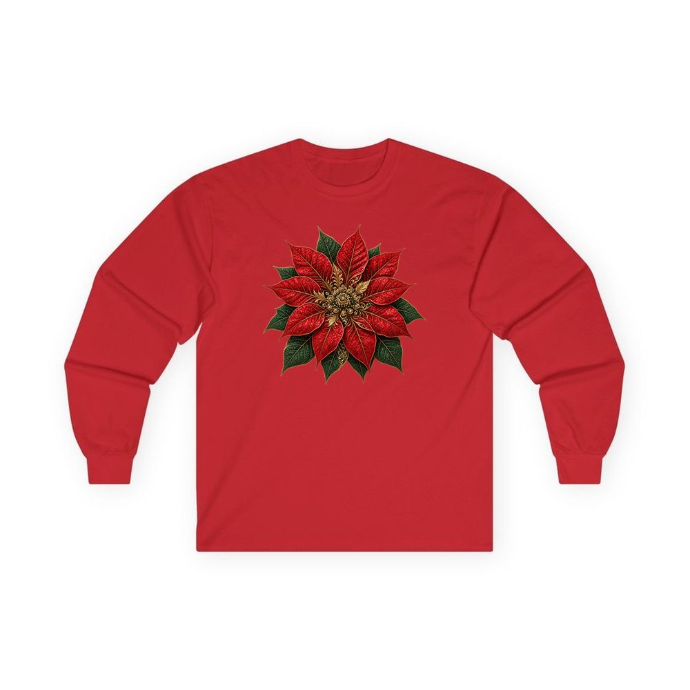 Red And Gold Poinsettia personalised long sleeve Christmas T-shirt in red