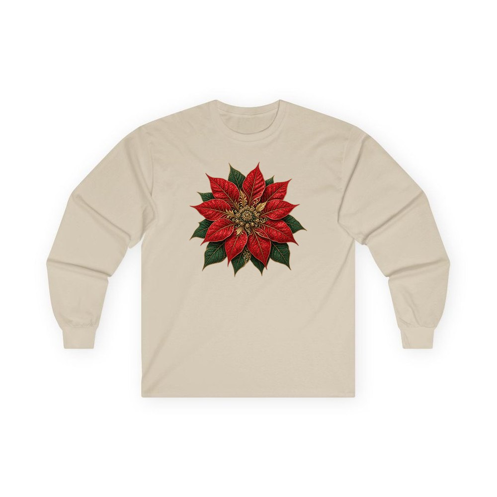 Red And Gold Poinsettia personalised long sleeve Christmas T-shirt in sand