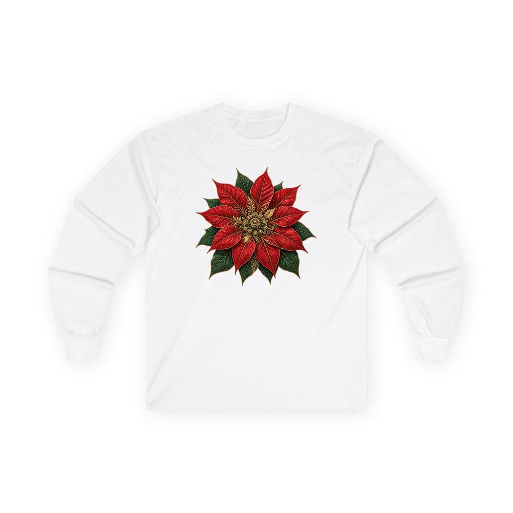 Red And Gold Poinsettia personalised long sleeve Christmas T-shirt in white