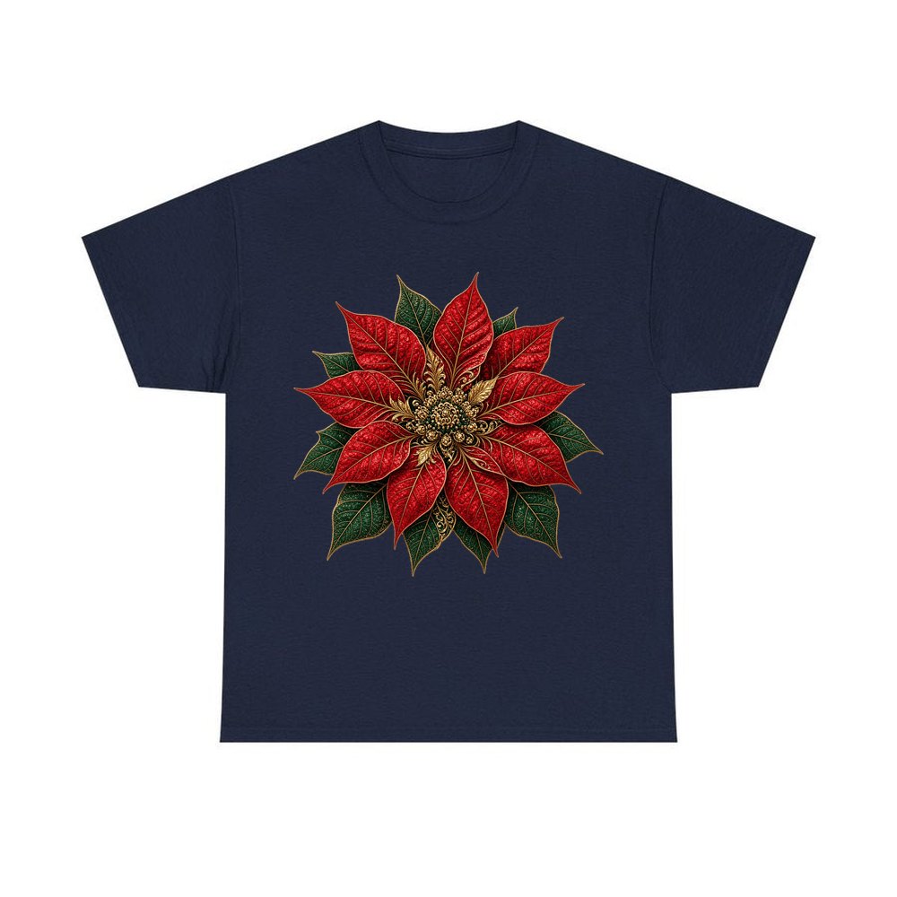 Red And Gold Poinsettia personalised Christmas T-shirt in navy