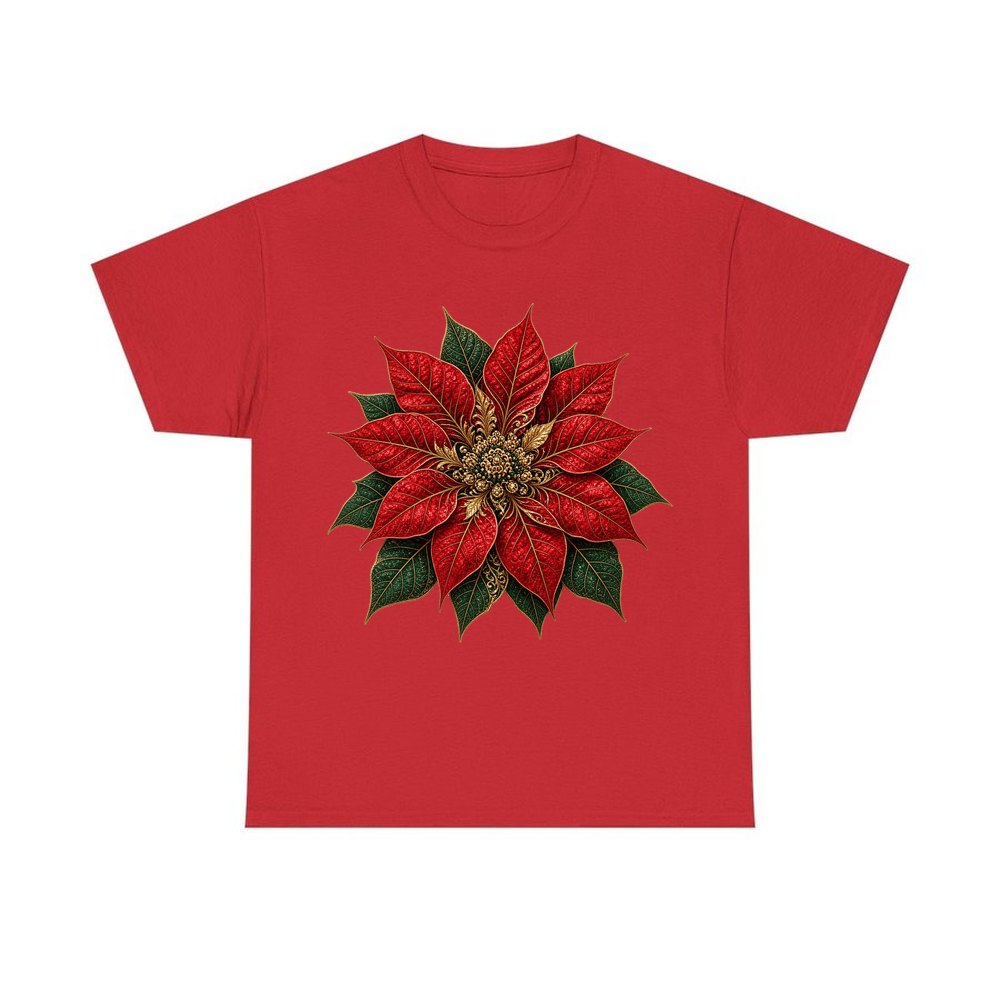 Red And Gold Poinsettia personalised Christmas T-shirt in red