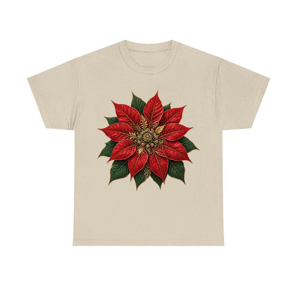 Red And Gold Poinsettia personalised Christmas T-shirt in sand
