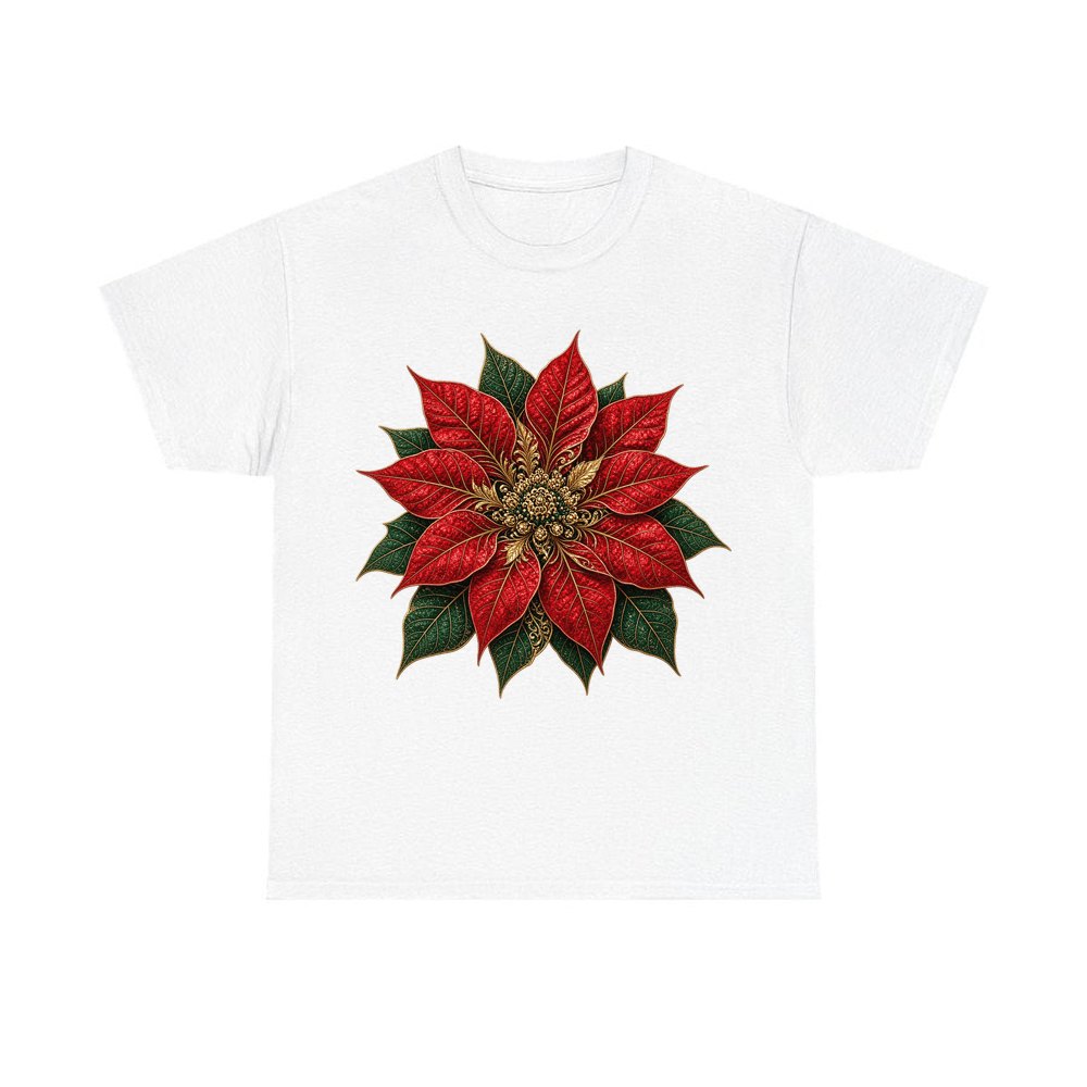 Red And Gold Poinsettia personalised Christmas T-shirt in white