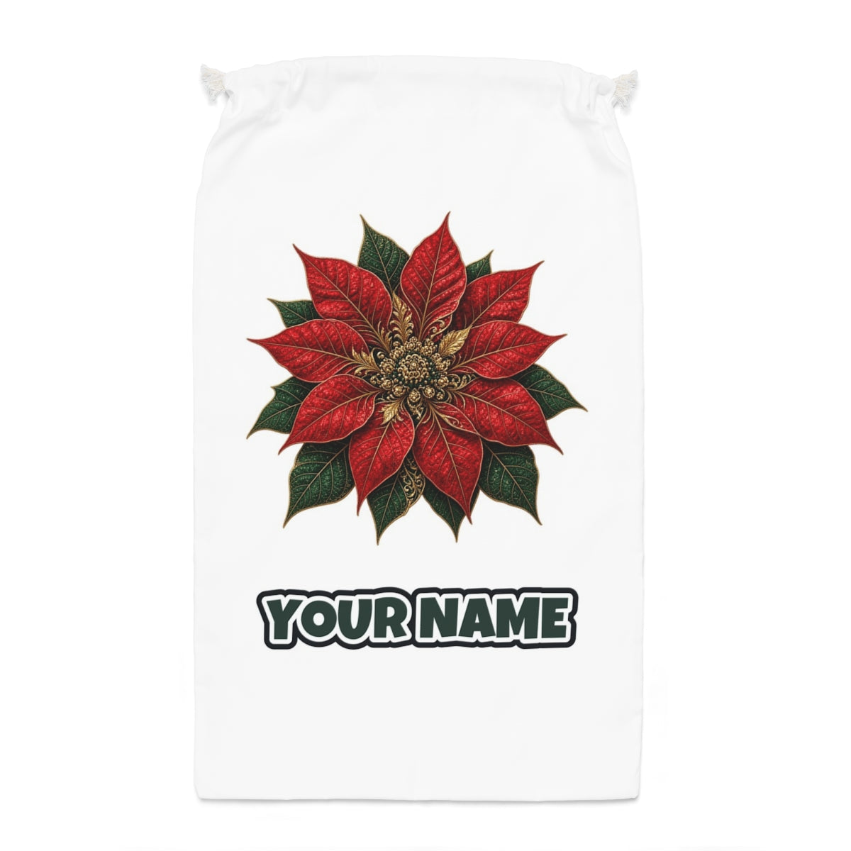 Red And Gold Poinsettia Santa sack laid flat, showing the full print