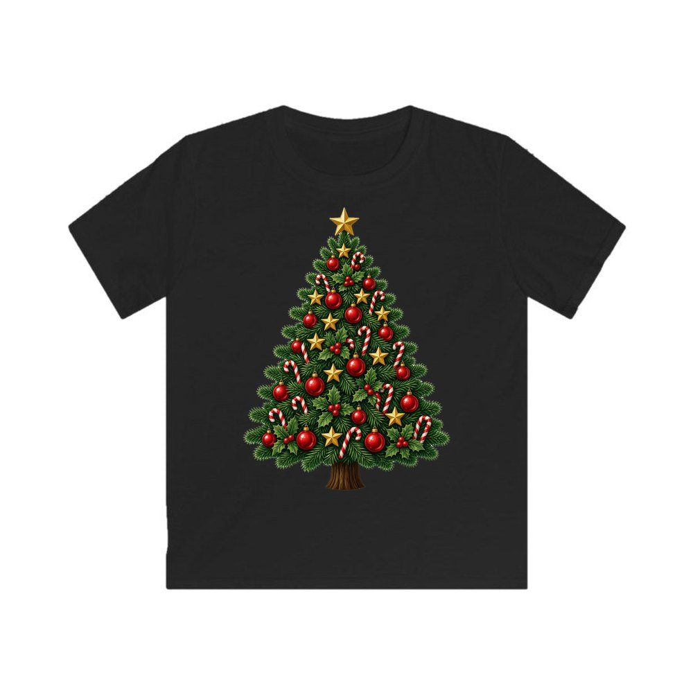 Red and Green Christmas Tree with Candy Canes personalised kids Christmas tee in black