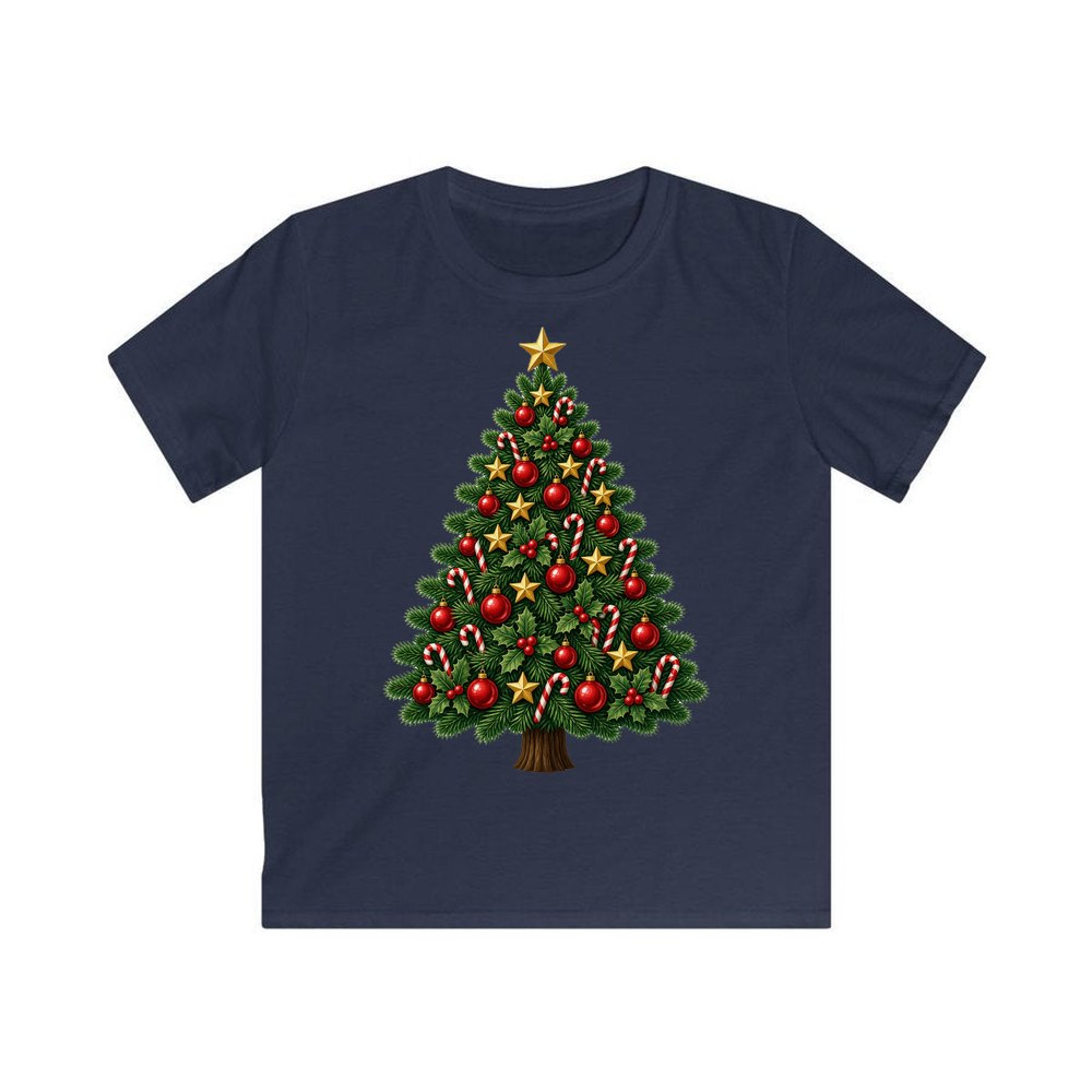 Red and Green Christmas Tree with Candy Canes personalised kids Christmas tee in navy
