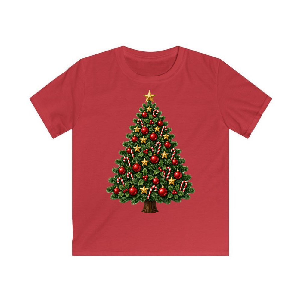 Red and Green Christmas Tree with Candy Canes personalised kids Christmas tee in red