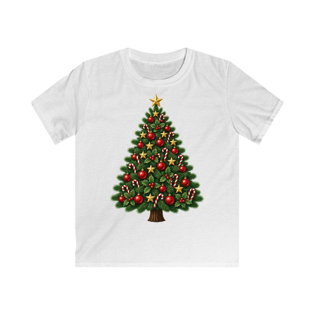 Red And Green Christmas Tree With Candy Canes Kids Christmas Tee design on a white kids tee