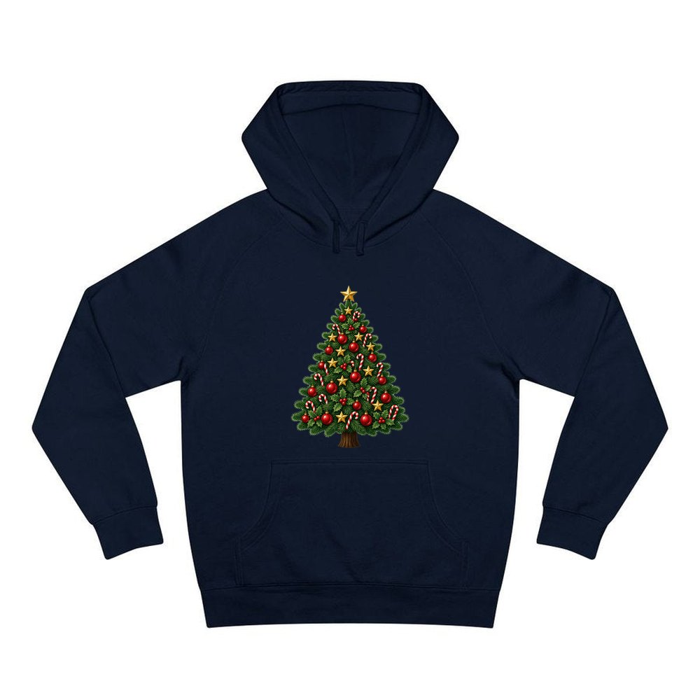 Red and Green Christmas Tree with Candy Canes personalised Christmas hoodie in navy