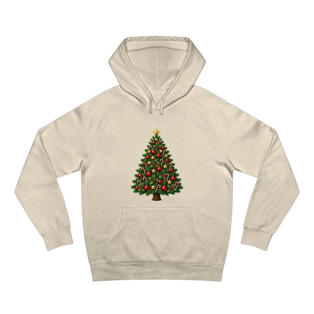 Red and Green Christmas Tree with Candy Canes personalised Christmas hoodie in sand