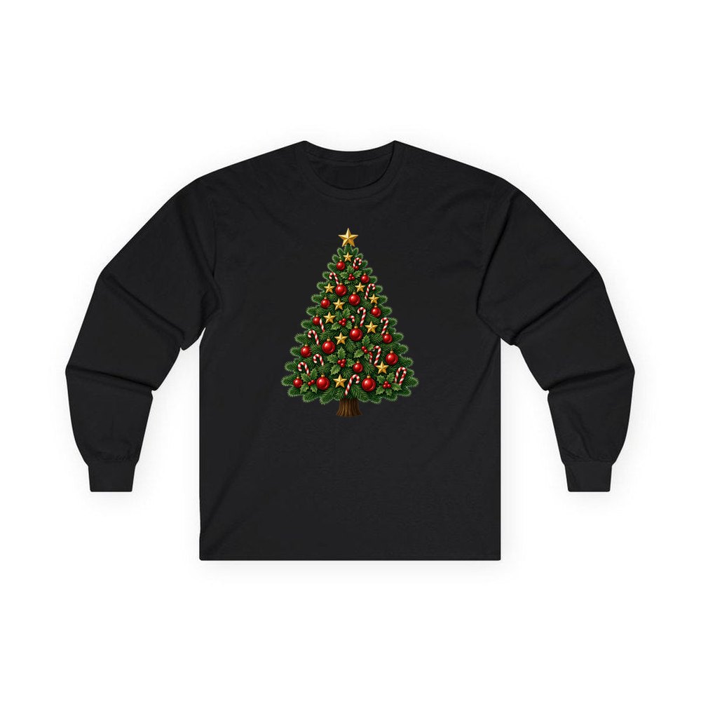 Red and Green Christmas Tree with Candy Canes personalised long sleeve Christmas T-shirt in black