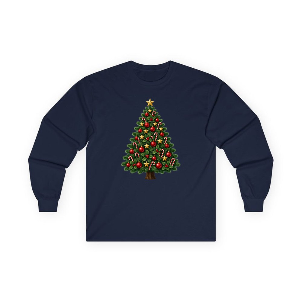 Red and Green Christmas Tree with Candy Canes personalised long sleeve Christmas T-shirt in navy
