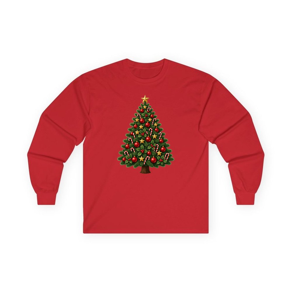 Red and Green Christmas Tree with Candy Canes personalised long sleeve Christmas T-shirt in red