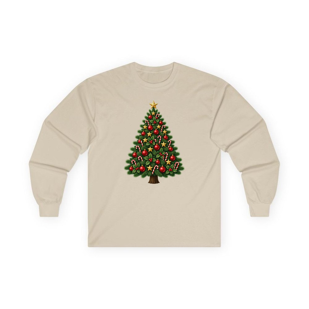 Red and Green Christmas Tree with Candy Canes personalised long sleeve Christmas T-shirt in sand