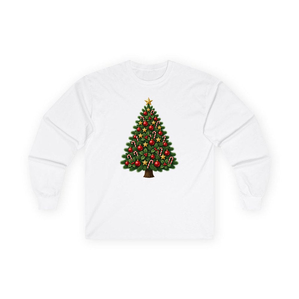 Red and Green Christmas Tree with Candy Canes personalised long sleeve Christmas T-shirt in white