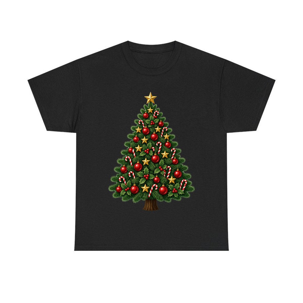 Red and Green Christmas Tree with Candy Canes personalised Christmas T-shirt in black