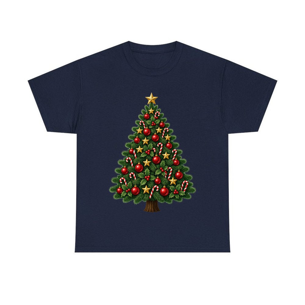 Red and Green Christmas Tree with Candy Canes personalised Christmas T-shirt in navy
