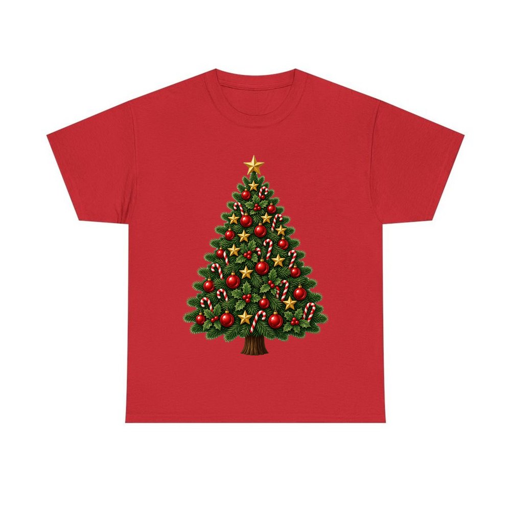 Red and Green Christmas Tree with Candy Canes personalised Christmas T-shirt in red