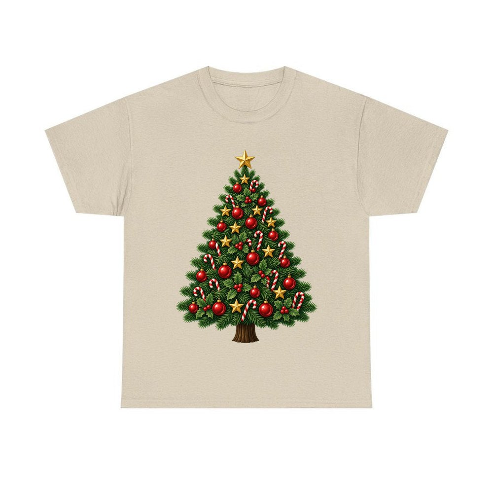 Red and Green Christmas Tree with Candy Canes personalised Christmas T-shirt in sand