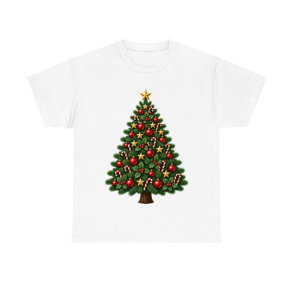 Red and Green Christmas Tree with Candy Canes personalised Christmas T-shirt in white