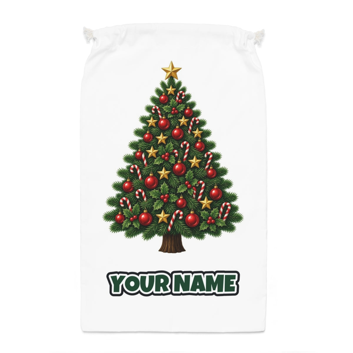 Red and Green Christmas Tree with Candy Canes Santa sack laid flat, showing the full print