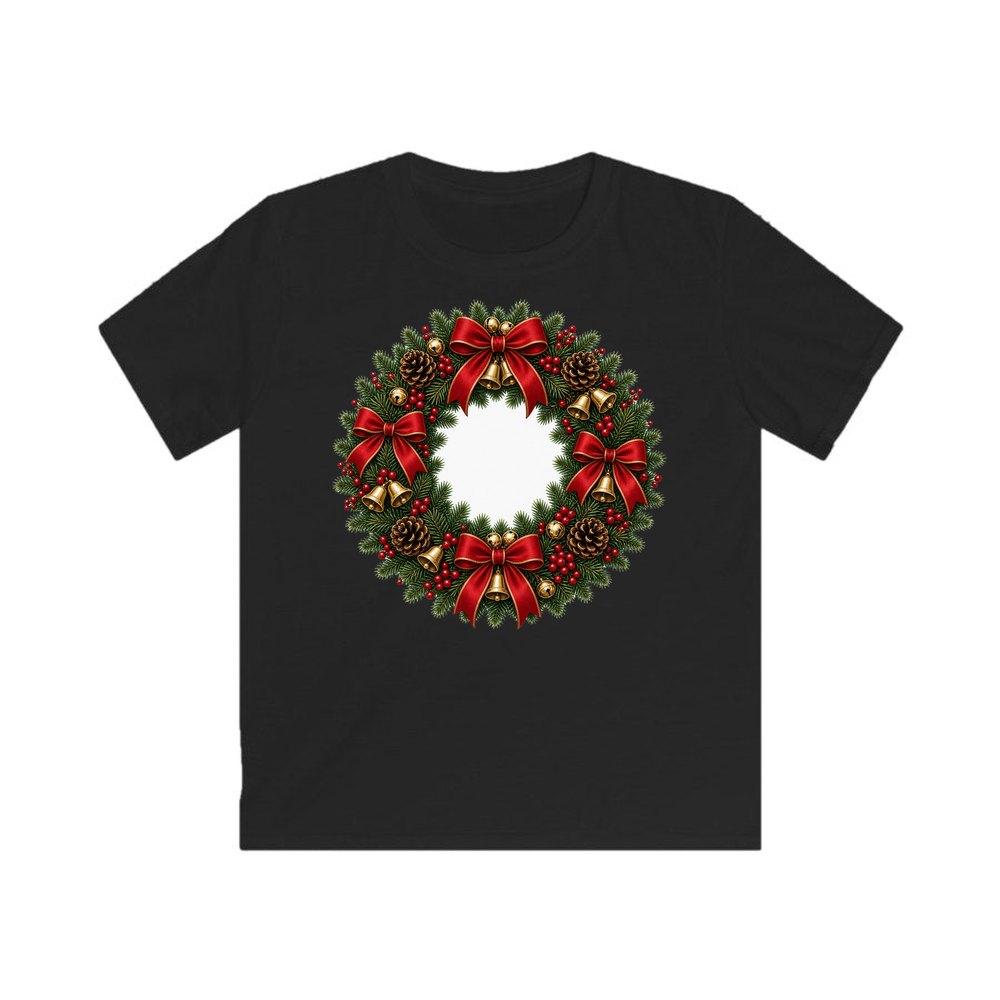 Red and Green Christmas Wreath personalised kids Christmas tee in black