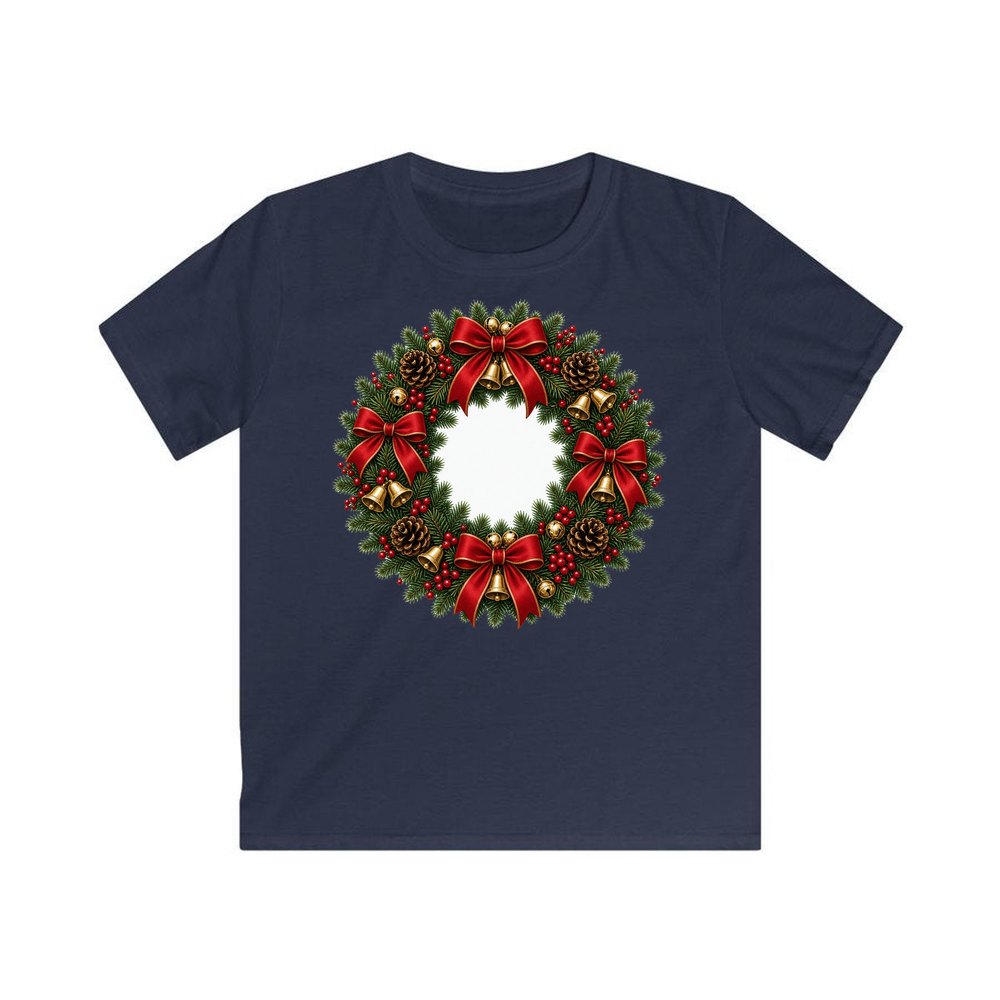 Red and Green Christmas Wreath personalised kids Christmas tee in navy