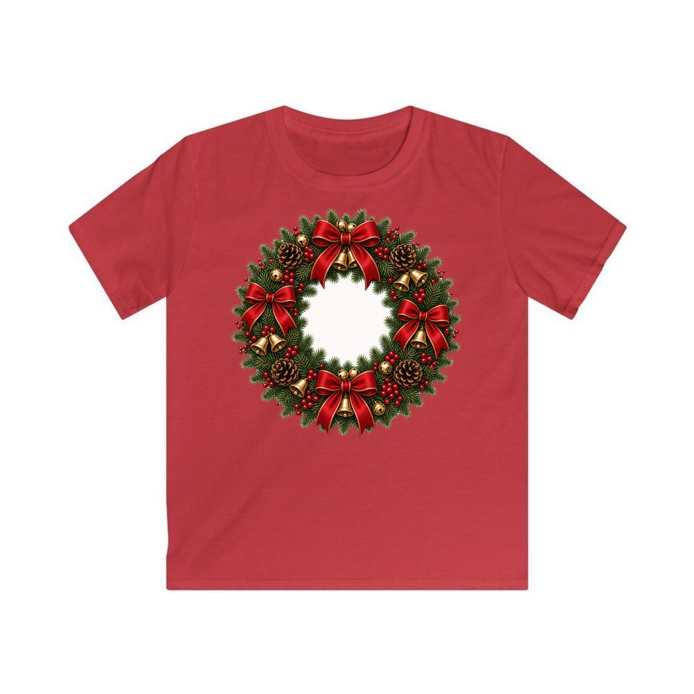 Red and Green Christmas Wreath personalised kids Christmas tee in red